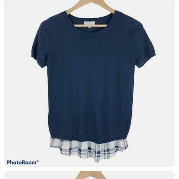 Loft Outlet Navy short sleeve sweater with plaid ruffle hem - Picture 1 of 7